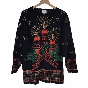 VINTAGE Christmas Sweater Candles Metallic Plaid Ugly Party Nutcracker Medium